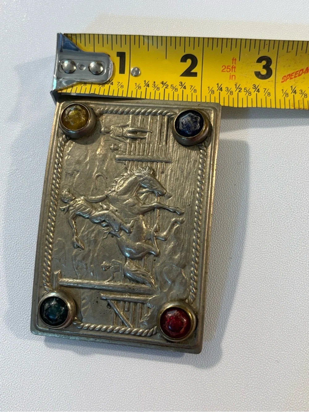 Vintage Western Motif Belt Buckle with Multicolor Stones 1940s? Cowboy